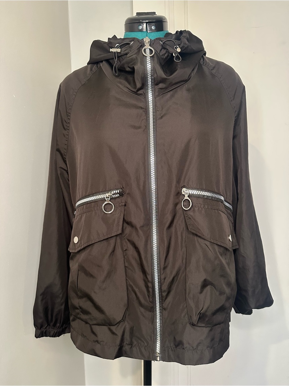 Zara Black Hooded Windbreaker with Silver Hardware